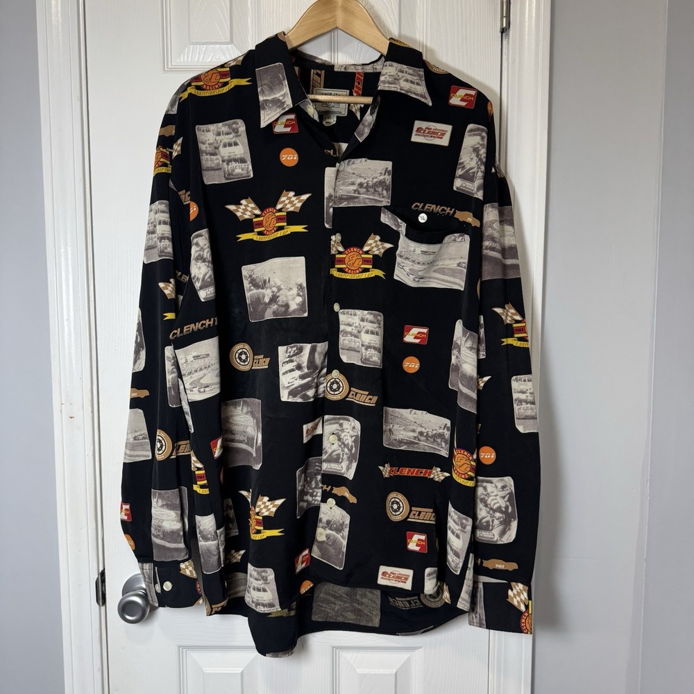 Vintage Clench 701 Jeans Shirt Men's Size XL All Over Print Button Up Hip Hop